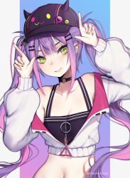 Rule 34 | 1girl, barbell piercing, baseball cap, black choker, black hat, breasts, choker, collarbone, commentary, crop top, cropped jacket, ear piercing, fake horns, green eyes, green nails, grin, hair between eyes, hair ornament, hairclip, hands up, hat, highres, hololive, horned headwear, horns, horns pose, industrial piercing, jacket, long hair, long sleeves, looking at viewer, midriff, multicolored hair, multicolored nails, nail polish, navel, o-ring, o-ring choker, piercing, pink hair, pink nails, pointy ears, purple hair, simple background, small breasts, smile, solo, streaked hair, terupancake, tokoyami towa, twintails, twitter username, two-tone hair, upper body, virtual youtuber, white jacket