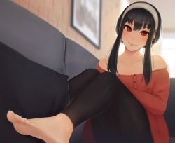 Rule 34 | 1girl, bare shoulders, barefoot, black hair, black leggings, black pantyhose, blurry, blurry background, blush, closed mouth, collarbone, couch, cushion, dress, earrings, feet, foreshortening, gold earrings, hairband, hanr10, highres, jewelry, knees up, leggings, lips, long hair, looking at viewer, off-shoulder sweater, off shoulder, on couch, pantyhose, picture frame, red eyes, red sweater, short hair with long locks, sidelocks, sitting, soles, solo, spy x family, sweater, sweater dress, toes, white hairband, yor briar