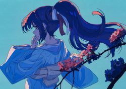 Rule 34 | 1girl, blue kimono, branch, brown eyes, brown hair, closed mouth, cogecha, commentary, flower, from behind, green background, hair ribbon, highres, japanese clothes, kimono, long hair, long sleeves, looking at viewer, looking back, obi, original, ponytail, profile, red flower, red ribbon, ribbon, sash, simple background, solo, white ribbon, wide sleeves