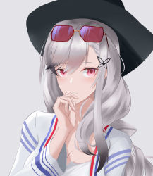 Rule 34 | 1girl, absurdres, azur lane, black headwear, breasts, butterfly hair ornament, cleavage, dress, dunkerque (afternoon venus) (azur lane), dunkerque (afternoon venus) (azur lane), dunkerque (azur lane), eyewear on head, french flag, frozen-sad, grey background, grey hair, hair ornament, highres, jacket, long hair, looking at viewer, medium breasts, red eyes, simple background, solo, sunglasses, tinted eyewear, upper body, white dress, white jacket