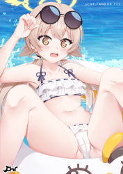 Rule 34 | 1girl, arm up, armpits, bare arms, bare legs, bare shoulders, bikini, blue archive, blush, brown eyes, cameltoe, chrisandita, cleft of venus, collarbone, day, eyewear on head, feet out of frame, frilled bikini, frills, halo, halterneck, hifumi (blue archive), hifumi (swimsuit) (blue archive), highres, innertube, light brown hair, long hair, looking at viewer, low twintails, lying, navel, on back, open mouth, outdoors, ribbon-trimmed bikini, solo, spread legs, sunglasses, swim ring, swimsuit, teeth, thighhighs, twintails, upper teeth only, water, white bikini, wing hair ornament