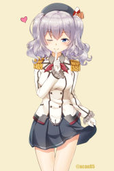 Rule 34 | 10s, 1girl, ;), beret, blush, breasts, buttons, clothes lift, cowboy shot, epaulettes, female focus, finger to mouth, gloves, grey eyes, grey hair, grey skirt, hat, highres, jacket, kantai collection, kashima (kancolle), large breasts, looking at viewer, military, military uniform, miniskirt, one eye closed, pleated skirt, sidelocks, simple background, skirt, skirt lift, smile, solo, twintails, twitter username, uniform, wavy hair, white gloves, yuukyan (ucan85)