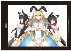 Rule 34 | 3girls, absurdres, animal ears, black hair, blonde hair, blue eyes, bow, breasts, cat ears, cleavage, crossed arms, gold trim, green eyes, guilty princess, hair ornament, highres, leotard, long hair, long sleeves, looking at viewer, medium breasts, multiple girls, non-web source, open mouth, overskirt, puffy short sleeves, puffy sleeves, rabbit ears, short hair, short sleeves, simple background, smile, tony taka, white background, wrist cuffs