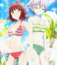 Rule 34 | 2girls, anne happy, closed eyes, coconut tree, dot nose, ekoda ren, flag, frilled bikini top, grey hair, hagyuu hibiki, hand on own hip, hand on own leg, heart, highres, legs, looking at viewer, medium hair, multiple girls, navel, open mouth, palm tree, red hair, short hair, sleeping, sleeping upright, smile, sparkle, standing, stitched, swimsuit, third-party edit, tree, yellow eyes, zzz