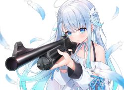 Rule 34 | 1girl, ahoge, aiming, amatsuka uto, aqua hair, ayamy, blue eyes, blue hair, blue ribbon, blush, choker, closed mouth, collarbone, colored tips, dress, feathers, finger on trigger, furrowed brow, gun, hair ornament, hairclip, holding, holding gun, holding weapon, indie virtual youtuber, light blue hair, multicolored hair, off-shoulder dress, off shoulder, ribbon, ribbon choker, shotgun, shoulder strap, simple background, two side up, virtual youtuber, weapon, white background, white dress, wing hair ornament