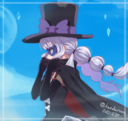 Rule 34 | 1girl, black cape, black gloves, black hat, blue background, braid, cape, commentary request, dated, delicious party precure, elbow gloves, gentlu (precure), gloves, haruyama kazunori, hat, long hair, mask, precure, profile, red eyes, solo, twin braids, twitter username, white hair