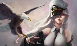 Rule 34 | 1girl, absurdres, acooc, azur lane, bald eagle, bare shoulders, bird, black jacket, black necktie, breasts, commentary request, eagle, enterprise (azur lane), hat, hat over one eye, highres, jacket, large breasts, lipstick, long hair, looking at viewer, makeup, military hat, necktie, peaked cap, purple eyes, red lips, shirt, silver hair, sleeveless, sleeveless shirt, solo, upper body, white hat, white shirt