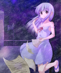Rule 34 | 1girl, dress, feet, geewhy, kagra frederique, lilium noire, long hair, non-web source, off shoulder, parted lips, purple hair, sandals, snow, solo, strap slip, sundress, when the bells toll