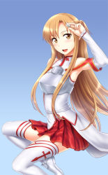 Rule 34 | 10s, 1girl, armor, armpits, asuna (sao), bare shoulders, blush, board game, breastplate, brown eyes, brown hair, detached sleeves, holding, holding mahjong tile, long hair, long legs, mahjong, mahjong tile, skirt, smile, solo, st.germain-sal, sword art online, thighhighs