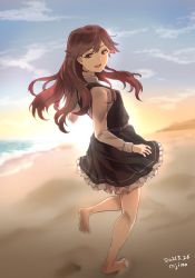 Rule 34 | 1girl, ajino (sakanahen), arashio (kancolle), bare legs, barefoot, beach, blue sky, brown eyes, brown hair, cloud, cloudy sky, dated, dawn, day, dress, frilled dress, frills, full body, gradient sky, hair between eyes, highres, horizon, kantai collection, long hair, long sleeves, looking at viewer, looking back, morning, ocean, open mouth, outdoors, pinafore dress, sand, shirt, sky, sleeveless dress, smile, standing, standing on one leg, sunrise, twitter username, water, white shirt