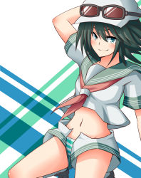 Rule 34 | 1girl, absurdres, black hair, crop top, crop top overhang, goggles, goggles on headwear, green eyes, hat, highres, looking at viewer, midriff, murasa minamitsu, navel, neckerchief, open fly, panties, sailor, sailor collar, sailor hat, short hair, short shorts, shorts, smile, solo, striped clothes, striped panties, suishinsenhiro, touhou, underwear, unzipped