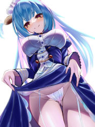 Rule 34 | 1girl, absurdres, azur lane, blue hair, clam, clam shell, clothes lift, from below, gluteal fold, highres, j azln (magnetic field), lifting own clothes, long hair, maid, maid headdress, neptune (azur lane), panties, shell hair ornament, simple background, skirt, skirt lift, smile, solo, string panties, two side up, underwear, white background, yellow eyes, yonic symbol