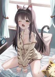 Rule 34 | 1girl, absurdres, alarm clock, animal ears, bare legs, barefoot, bed, between legs, breasts, brown hair, cat ears, cat girl, cat tail, cleavage, clock, curtains, dalian (wlals088), fang, hand between legs, highres, long hair, long sleeves, medium breasts, naked shirt, off shoulder, on bed, one eye closed, open mouth, original, pillow, shirt, sitting, sleepwear, sleepy, stuffed animal, stuffed cat, stuffed toy, tail, tears, waking up, wariza, window, yawning, yellow eyes
