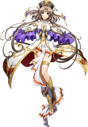 Rule 34 | 1girl, brown eyes, brown hair, circlet, closed mouth, collarbone, criss-cross halter, detached sleeves, floating hair, full body, hair intakes, halterneck, highres, langrisser, langrisser mobile, long hair, long sleeves, looking at viewer, midriff, navel, official art, own hands clasped, own hands together, solo, stomach, thighlet, transparent background, twintails, very long hair, white sleeves, yulia (langrisser)