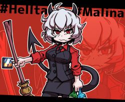 Rule 34 | 1girl, ahoge, black necktie, breasts, character name, collared shirt, copyright name, demon girl, demon horns, demon tail, helltaker, horns, large breasts, long sleeves, looking at viewer, malina (helltaker), messy hair, necktie, pantyhose, red eyes, red shirt, setter (seven stars), shirt, short hair, solo, tail, waistcoat, white hair