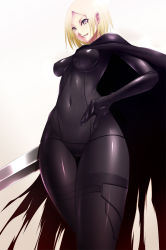 Rule 34 | 00s, 1girl, bad id, bad pixiv id, black bodysuit, blonde hair, bodysuit, cape, claymore (series), claymore (sword), grey eyes, grin, helen, impossible clothes, latex, navel, shokuyou mogura, short hair, smile, solo, sword, weapon