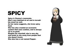 Rule 34 | 1girl, arms behind back, barrel, black footwear, blonde hair, character profile, chili pepper, diva (hyxpk), drinking, drinking straw, drinking straw in mouth, english text, habit, highres, little nuns (diva), nun, simple background, solo, spicy nun (diva), traditional nun, white background, yellow eyes