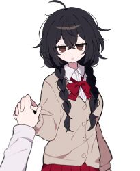 Rule 34 | 1boy, 1girl, :o, ahoge, aliceyawnin, black hair, bow, bowtie, braid, brown eyes, brown jacket, buttons, collared shirt, empty eyes, hair between eyes, highres, holding hands, jacket, long hair, looking at viewer, messy hair, open mouth, original, pleated skirt, pov, pov hands, red bow, red bowtie, red skirt, shirt, simple background, skirt, solo focus, twin braids, upper body, white background, white shirt