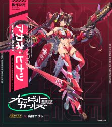 Rule 34 | 1girl, animal ears, blue eyes, breasts, brown hair, english text, gun, handgun, headgear, large breasts, long hair, looking at viewer, mecha musume, mechanical arms, mechanical ears, mechanical legs, mechanical wings, navel, original, revolver, science fiction, smile, solo, takamine nadare, thighhighs, twintails, weapon, wings