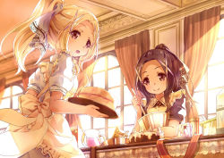 Rule 34 | 2girls, 54hao, :d, apron, beige apron, black dress, blonde hair, blush, cake, closed mouth, commentary request, curtains, day, dress, fingernails, food, forehead, hair ornament, high ponytail, highres, holding, holding plate, indoors, jug (bottle), long hair, looking at viewer, looking back, maid apron, mixing bowl, multiple girls, open mouth, original, parted bangs, plate, ponytail, puffy short sleeves, puffy sleeves, purple eyes, purple hair, sepia, short sleeves, siblings, sidelocks, sisters, smile, sunlight, twins, white dress, window, x hair ornament
