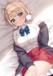 Rule 34 | 1girl, bed, blouse, blush, bow, brown hair, collared shirt, green eyes, hair ornament, highres, indie virtual youtuber, jacket, long hair, looking at viewer, pom pom (clothes), pom pom hair ornament, school uniform, shigure ui (vtuber), shigure ui (vtuber) (2nd costume), shirt, short hair, smile, solo, striped clothes, striped jacket, sumisaki yuzuna, vertical-striped clothes, vertical-striped jacket, virtual youtuber, white shirt