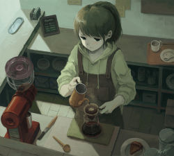 Rule 34 | 1girl, apron, brown hair, coffee, coffee filter, commentary, holding, hood, hoodie, indoors, kensight328, original, pie, pie slice, plate, ponytail, pouring, sleeves rolled up, solo