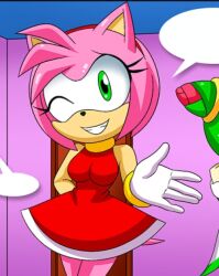 Rule 34 | amy rose, arm behind back, breasts, colored skin, curvy, dress, gloves, green eyes, hairband, hedgehog girl, highres, looking at viewer, mobian (species), mobius unleashed, one eye closed, palcomix, pink hair, pink skin, purple wall, red dress, sleeveless, sleeveless dress, smile, sonic (series), teeth, wink