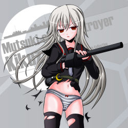 Rule 34 | 10s, 1girl, black serafuku, blush, bow, bow panties, character name, crescent, expressionless, grey background, gun, highres, holding, holding gun, holding weapon, kantai collection, kikuzuki (kancolle), long hair, long sleeves, looking at viewer, navel, open mouth, panties, parted lips, red eyes, school uniform, serafuku, shimoogawa, simple background, solo, standing, striped clothes, striped panties, thighhighs, torn clothes, torn thighhighs, underwear, very long hair, weapon, white hair