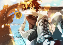Rule 34 | 1boy, bell, blonde hair, blue eyes, boots, breath, from below, hekicha, kagamine len, male focus, nature, outdoors, scarf, shorts, sitting, sky, snow, solo, vocaloid