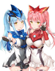 Rule 34 | 2girls, absurdres, armor, asymmetrical docking, black dress, black gloves, blue hair, breast press, breasts, claw pose, closed mouth, covered collarbone, covered navel, cowboy shot, detached sleeves, dress, fang, fang out, fingerless gloves, fingernails, gem, genderswap, genderswap (mtf), gloves, hair between eyes, hand up, headgear, highres, humanization, long hair, looking at viewer, medium breasts, multiple girls, open mouth, parted bangs, pink hair, ponytail, siblings, sidelocks, signature, simple background, sisters, sleeveless, sleeveless dress, slit pupils, smile, standing, taro (ultrataro), thighhighs, turtleneck, twintails, ultraman blu, ultraman r/b, ultraman rosso, underbust, vambraces, white background, white dress, white legwear, yellow eyes