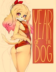 Rule 34 | 1girl, 2018, absurdres, ass, bad id, bad tumblr id, blonde hair, bone, bow, chinese zodiac, collar, colored skin, commentary, dog tail, furry, furry female, gradient hair, hair bow, hair bun, highres, leotard, looking back, mouth hold, multicolored hair, original, pink hair, red eyes, single hair bun, slugbox, solo, sweat, tail, year of the dog, yellow skin
