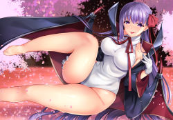 Rule 34 | bare shoulders, barefoot, bat wings, bb (fate), bb (fate) (all), bb (swimsuit mooncancer) (fate), bb (swimsuit mooncancer) (third ascension) (fate), black coat, breasts, coat, fate/grand order, fate (series), feet, gloves, hair ribbon, hip focus, ishigami kazui, knee up, large breasts, legs, leotard, long hair, neck ribbon, open clothes, open coat, popped collar, purple eyes, purple hair, red ribbon, ribbon, smile, solo, thighs, tongue, tongue out, vampire costume, very long hair, white gloves, white leotard, wide sleeves, wings