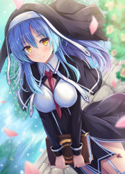 Rule 34 | 1girl, akashio (loli ace), between breasts, black capelet, blue hair, blush, book, breasts, capelet, cleavage cutout, clothing cutout, commentary request, day, garter belt, habit, hair between eyes, highres, holding, holding book, long hair, long sleeves, looking at viewer, medium breasts, necktie, necktie between breasts, nun, original, outdoors, red necktie, smile, solo, white garter belt, yellow eyes