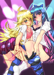 Rule 34 | 10s, 2girls, blush, bra, breasts, cleavage, highres, lingerie, multiple girls, nagy, panties, panty &amp; stocking with garterbelt, panty (psg), pussy juice, school uniform, siblings, sisters, smile, stocking (psg), striped clothes, striped legwear, striped thighhighs, sweat, thighhighs, underwear, undressing