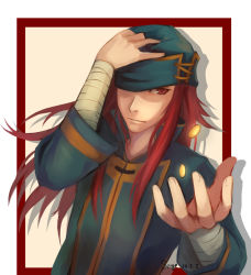 Rule 34 | 1boy, bandages, coin, coin flip, fire emblem, fire emblem: the sacred stones, hand on headwear, hat, hat over one eye, joshua (fire emblem), long hair, male focus, nintendo, red eyes, red hair, serge komiko, solo