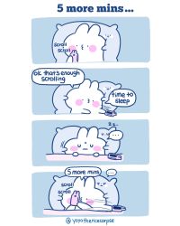 Rule 34 | animal ears, animate object, bed, bed sheet, blush, cellphone, closed eyes, closed mouth, comic, english text, furry, highres, o3o, original, phone, pillow, rabbit, rabbit ears, yoyo the ricecorpse
