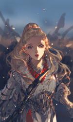 Rule 34 | 1girl, armor, army, blonde hair, blue sky, blurry, blurry background, brown eyes, cloud, cowboy shot, dress, earrings, embers, eyelashes, hair ornament, high ponytail, ibuki satsuki, jewelry, lipstick, long hair, long sleeves, looking at viewer, makeup, necklace, original, outdoors, parted lips, red lips, side slit, sky, solo, teeth, upper teeth only, white dress, white sleeves