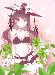 Rule 34 | 1girl, arm support, bra, breasts, bridal garter, bug, butterfly, cleavage, earrings, flower, frilled bra, frills, fugie, garter belt, garter straps, gradient background, hat, hat flower, highres, insect, jewelry, licking lips, lingerie, long hair, looking at viewer, navel, orange eyes, original, panties, purple hair, rain, rhododendron, sitting, smile, solo, spring (season), tattoo, thighhighs, tongue, tongue out, underwear, underwear only, wavy hair