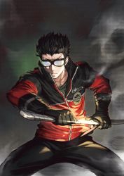 Rule 34 | &gt;:(, 1boy, black gloves, black hair, black pants, black shirt, border uniform, collarbone, dust, feet out of frame, fighting stance, glasses, gloves, glowing, glowing sword, glowing weapon, goggles, grey background, hair slicked back, high collar, highres, holding, holding weapon, ikoma tatsuhito, incoming attack, jacket, jun (navigavi), legs apart, long sleeves, male focus, opaque glasses, pants, partially opaque glasses, partially unzipped, scabbard, serious, sheath, shirt, short hair, sideways glance, solo, standing, sword, uniform, unsheathing, v-shaped eyebrows, weapon, world trigger