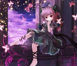Rule 34 | 1girl, animal ears, barefoot, bow, braid, bug, butterfly, cat ears, cat girl, cat tail, cloud, dress, female focus, floral print, green dress, hair bow, hair ribbon, hand on own chin, bug, kaenbyou rin, leg ribbon, lights, multiple tails, nekomata, night, petals, red eyes, red hair, ribbon, risutaru, sitting, sky, smile, solo, tail, touhou, twin braids, twintails, window, windowsill