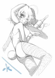 Rule 34 | 1girl, ahoge, animal ears, ass, bare shoulders, bottle, cup, drinking glass, female focus, fishnet pantyhose, fishnets, inaba tewi, kuronuko neero, legs, leotard, monochrome, one eye closed, pantyhose, playboy bunny, rabbit ears, rabbit girl, rabbit tail, short hair, simple background, smile, solo, tail, tongue, touhou, tray, white background, wine glass, wink, wrist cuffs