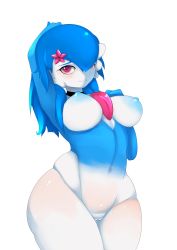 Rule 34 | 1girl, absurdres, alternate color, alternate hair length, alternate hairstyle, arm up, armpits, ashraely, black choker, blue hair, blue skin, blush, breasts, choker, cleft of venus, closed mouth, colored skin, cowboy shot, creatures (company), female focus, flower, game freak, gardevoir, gen 3 pokemon, hair flower, hair ornament, hair over one eye, hand up, happy, highres, large areolae, large breasts, long hair, looking up, multicolored skin, navel, nintendo, nipples, nude, pink eyes, pink flower, pokemon, pokemon (creature), pussy, shiny pokemon, shiny skin, simple background, smile, solo, standing, stomach, thick thighs, thighs, two-tone skin, uncensored, white background, white skin, wide hips