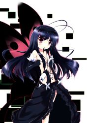 Rule 34 | 10s, 1girl, accel world, antenna hair, bare shoulders, black hair, blush, bug, butterfly, butterfly wings, censored, convenient censoring, elbow gloves, fuuna, gloves, highres, insect, insect wings, kuroyukihime, long hair, mouth hold, red eyes, solo, undressing, wings