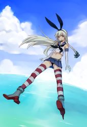 Rule 34 | 10s, 1girl, bad id, bad twitter id, blonde hair, bow, brown eyes, cloud, collarbone, day, elbow gloves, flying, gloves, hair bow, kantai collection, long hair, midriff, navel, ocean, panties, pantyshot, shimakaze (kancolle), sky, socks, solo, striped clothes, striped socks, striped thighhighs, thighhighs, underwear, yoplait, zettai ryouiki