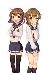Rule 34 | &gt;:d, 10s, 2girls, :d, bad id, bad pixiv id, black skirt, black socks, blouse, blush, brown eyes, brown hair, cnm, crossed arms, fang, folded ponytail, hair ornament, hairclip, ikazuchi (kancolle), inazuma (kancolle), kantai collection, kneehighs, komaki manaka, long sleeves, looking at viewer, midriff, multiple girls, neckerchief, open mouth, pleated skirt, red neckerchief, sailor collar, school uniform, serafuku, shirt, short hair, simple background, skirt, smile, socks, thighhighs, v-shaped eyebrows, white background