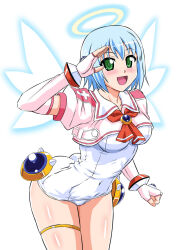 Rule 34 | 1girl, :d, ass, asu (hengaya), blue hair, blush, breasts, brooch, covered navel, cowboy shot, djibril (makai tenshi djibril), elbow gloves, fingerless gloves, gloves, green eyes, halo, highres, jacket, jewelry, leaning forward, legs together, light blue hair, looking at viewer, magical girl, makai tenshi djibril, manabe rika, medium breasts, open mouth, pink gloves, pink jacket, puffy sleeves, shiny skin, short hair, shrug (clothing), simple background, smile, solo, standing, thighlet, white background, wings