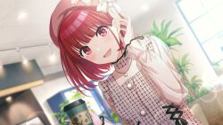 Rule 34 | 1girl, arima kana, beret, blush, cup, dutch angle, tucking hair, hat, holding, holding cup, idolmaster, idolmaster shiny colors, indoors, lens flare, official art, oshi no ko, patterned clothing, red eyes, red hair, see-through, see-through sleeves, short hair, smile, solo, upper body, vending machine