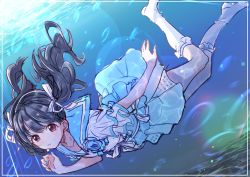 Rule 34 | 1girl, black hair, blue sailor collar, blue skirt, brown eyes, character request, copyright request, freediving, frilled sleeves, frilled socks, frills, hair ribbon, highres, inui/byte, nail polish, ribbon, sailor collar, school uniform, serafuku, skirt, socks, solo, twintails, underwater, white ribbon, white socks