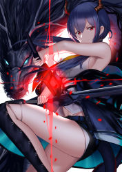 Rule 34 | 1girl, absurdres, an yasuri, arknights, aura, black shorts, blue hair, breasts, ch&#039;en (arknights), closed mouth, dragon, dragon girl, dragon horns, dual wielding, elite ii (arknights), expressionless, fingerless gloves, gloves, hair between eyes, highres, holding, holding sword, holding weapon, horns, jacket, leg up, long hair, looking at viewer, necktie, off shoulder, red eyes, shin guards, shirt, shorts, sideboob, sidelocks, sleeveless, sleeveless shirt, solo, sword, thighs, v-shaped eyebrows, weapon, white shirt
