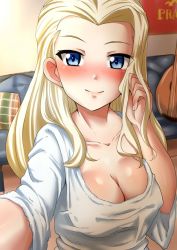Rule 34 | 10s, 1girl, ayuayu (shouyu no sato), blonde hair, blue eyes, blush, breasts, clara (girls und panzer), cleavage, close-up, collarbone, couch, covered erect nipples, girls und panzer, guitar, hand in own hair, indoors, instrument, large breasts, lips, long hair, long sleeves, looking at viewer, lute (instrument), poster (object), reaching, reaching towards viewer, selfie, shirt, sleeves past elbows, smile, solo, taking picture, tsurime, upper body, white shirt